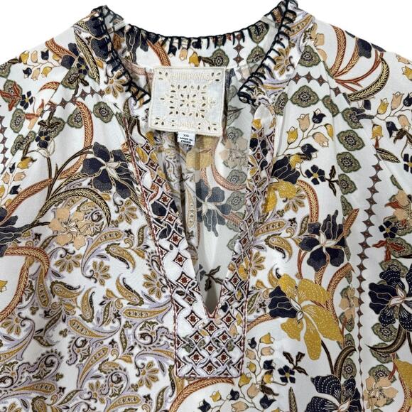 Johnny Was Phoenix Tunic Top XS Silk Floral Boho Print Purple Blue Gold V-Neck - Picture 3 of 7